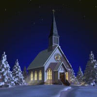 Church at night in a snowy landscape with illuminated windows