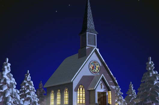 Church at night in a snowy landscape with illuminated windows